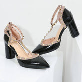 Chunky Heel T-Strap Closed Toe Pumps With Rivet